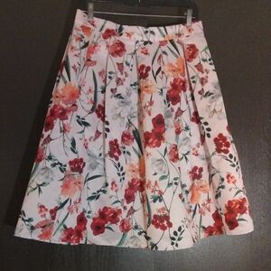 Pink Floral Pleated A-Line Midi Skirt.